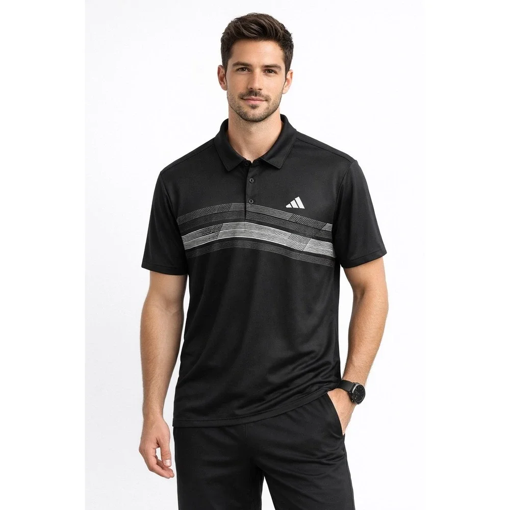 Adidas Men's Polo Shirt Large Black Performance Golf Shirt Stripe Logo